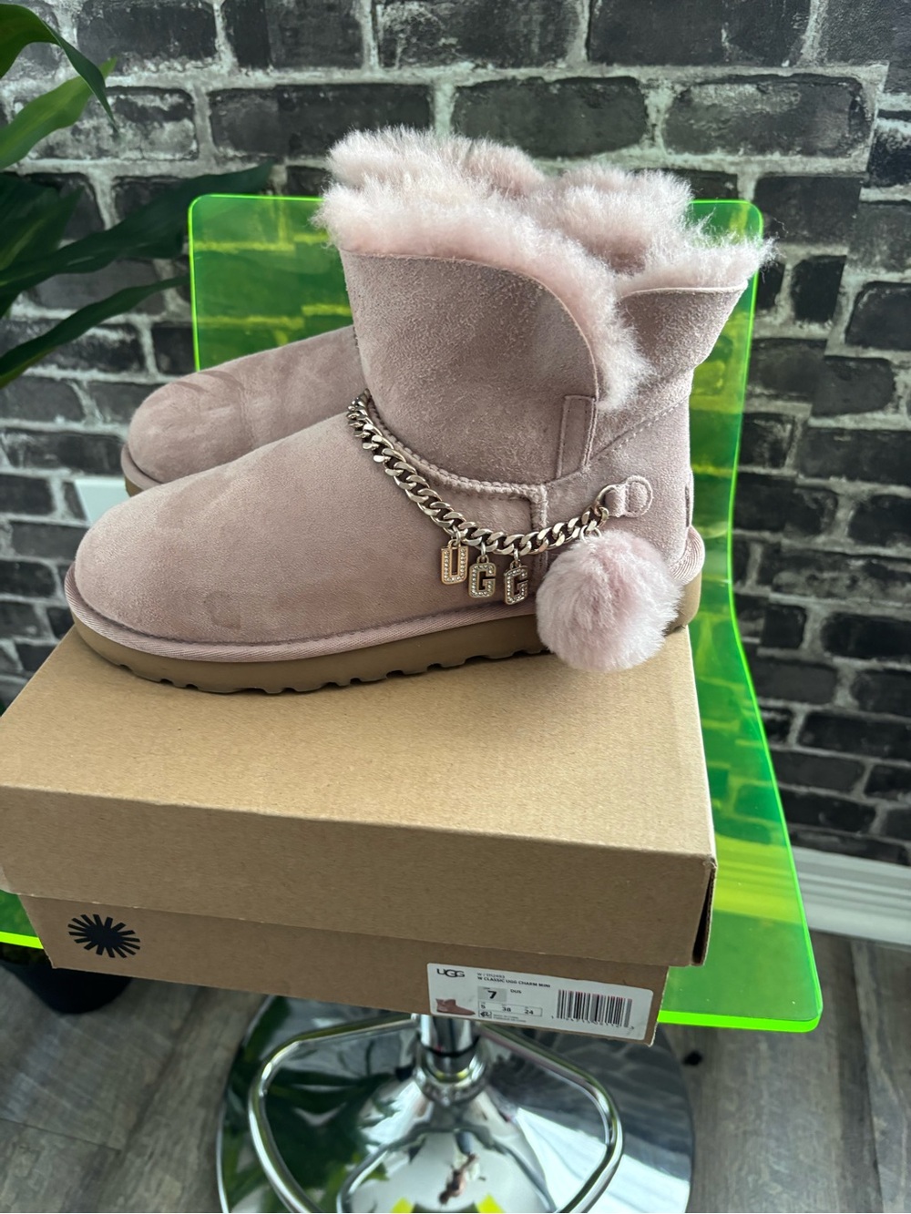 UGG NWT Blush Pink Suede Shearling Short Boots with Chain & Pom